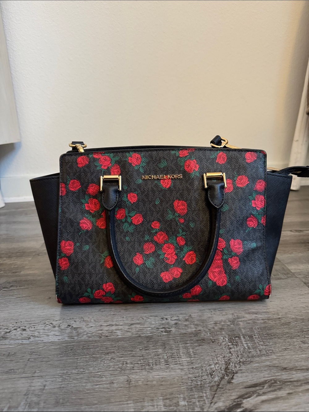 Michael Kors Black Satchel with Red Rose Print